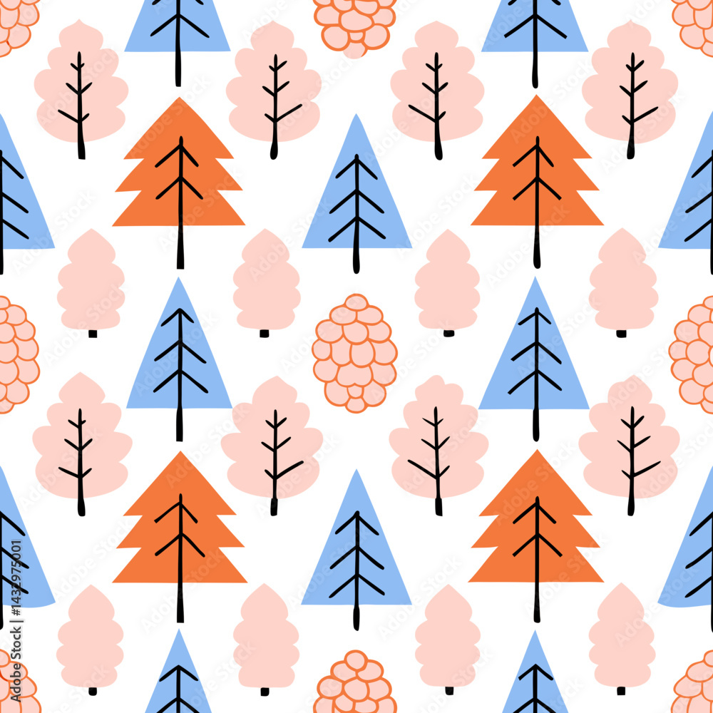 Poster hand drawn seamless vector colorful pine trees and pinecones create vibrant seamless pattern, evokin