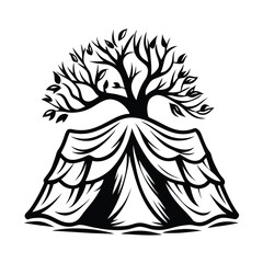 Stylized Black and White Tree with Foliage and Ground in Minimalist Outline Art