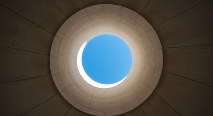 Obraz premium Abstract Architectural Design: Circular Concrete Structure with a Skylight Revealing a Vivid Blue Sky