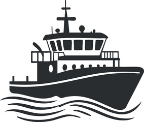 Obraz premium Black silhouette illustration of a boat sailing on ocean waves with a detailed bridge and hull design