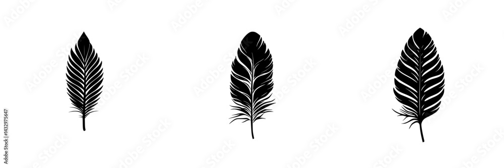 Aufkleber black feather icons arranged in a row with intricate details and varied shapes for creative design p