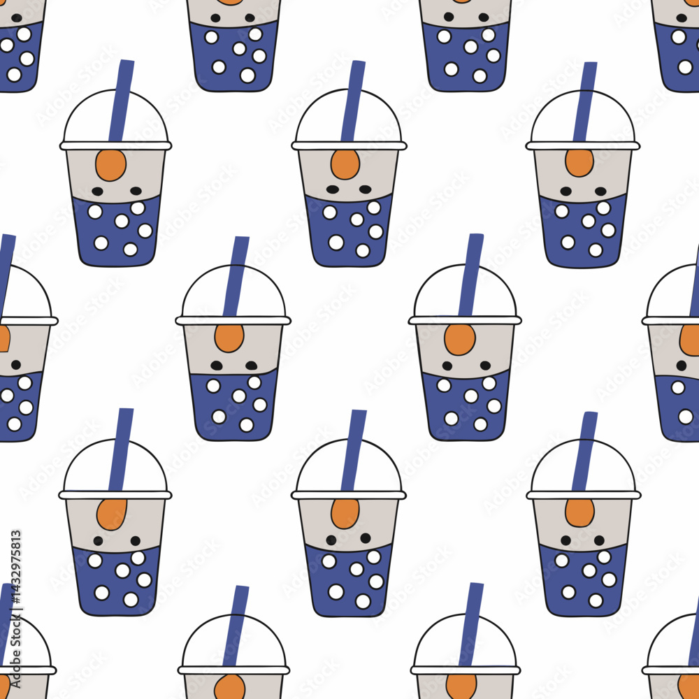 Poster hand drawn seamless vector cute bubble tea cups with smiling straws create fun and playful pattern, 