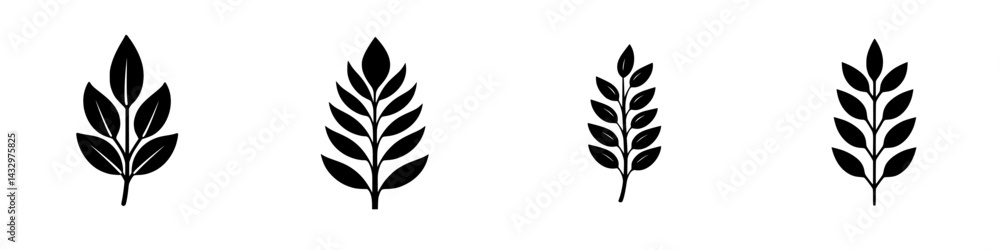 Aufkleber four distinct black leaf icons are displayed in a horizontal arrangement, each showcasing unique sha