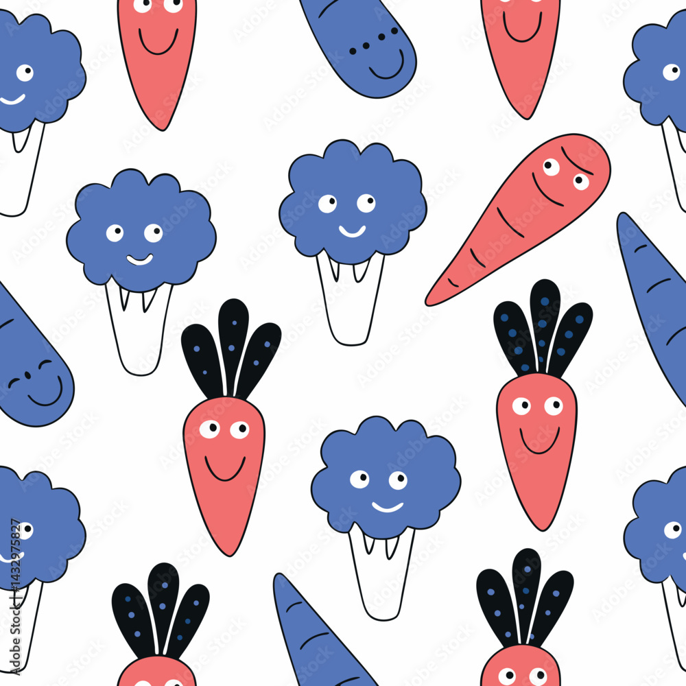 Aufkleber hand drawn seamless vector colorful vegetables with smiling faces create cheerful pattern, featuring