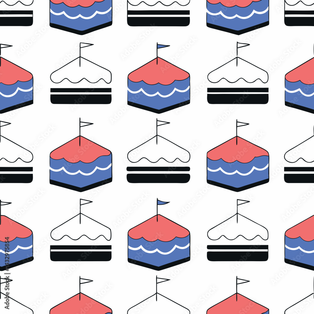 Poster hand drawn seamless vector colorful cake pattern with flags and waves, perfect for festive occasions