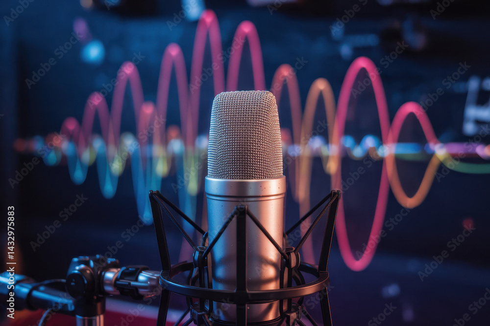 Poster dynamic audio recording setup with microphone in front of colorful sound waves and cool tones