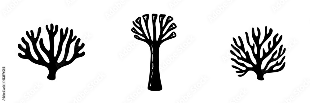 Poster black icons of stylized trees and coral-like shapes showcasing abstract design concepts for artistic