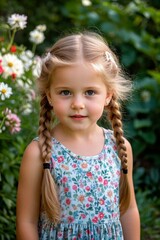 arafed little girl with braids standing in front of flowers