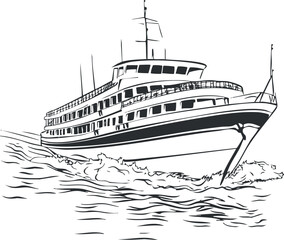 Fototapeta premium Black and white line drawing of a passenger ferry boat moving through water with waves.