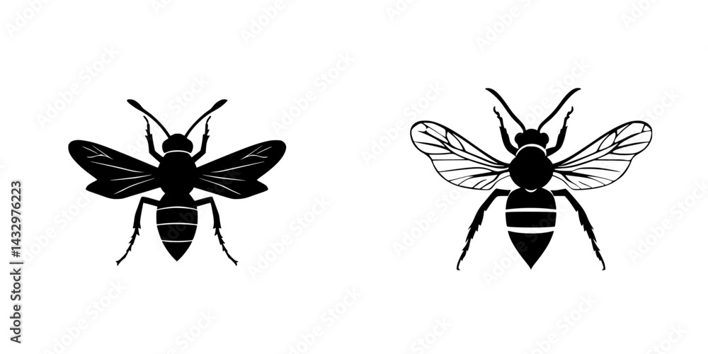 Poster black icons of bees showing distinct features and outlines for graphic design projects