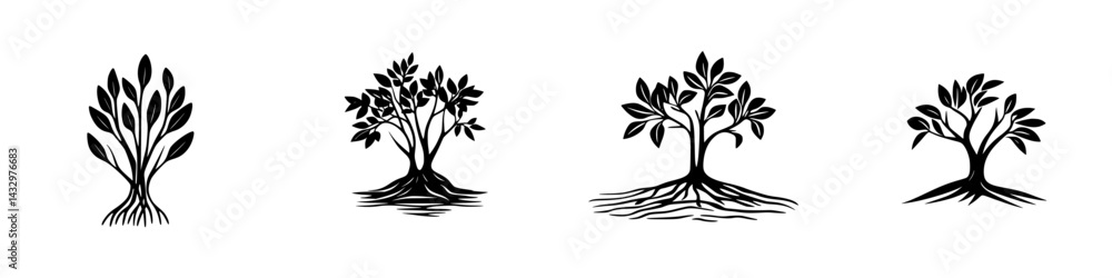 Poster series of black icons depicting trees with various leaf designs and root structures in a minimalist 