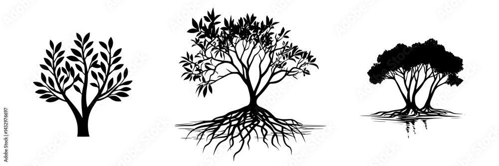 Poster various black tree icons showcasing different styles, shapes, and root structures in a graphic desig