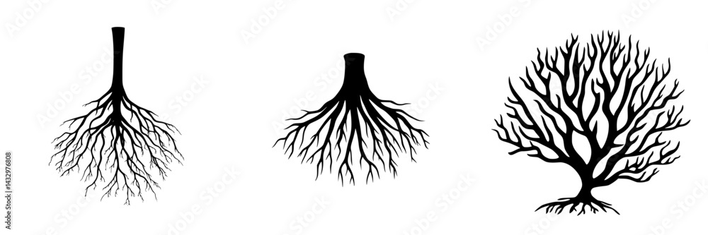 Aufkleber various black tree root designs showcasing intricate patterns and organic structures for artistic in