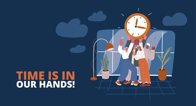 Cartoon vector illustration of a team collaborating to lift a giant clock dial, symbolizing effective time management, teamwork, and collective effort against dark background