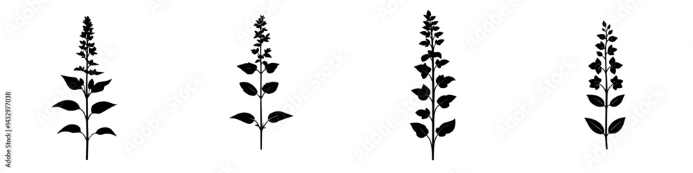 Poster different silhouettes of black flowers arranged in a row with varying shapes and sizes set against a