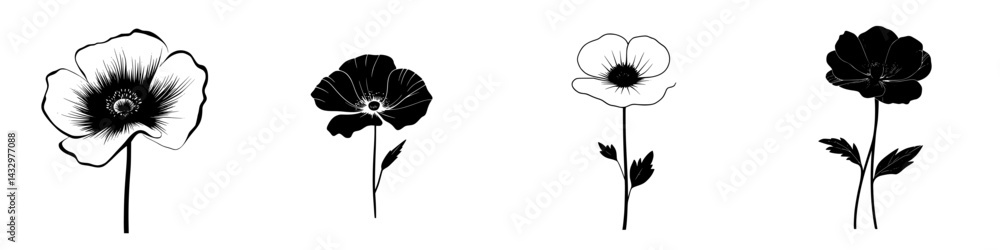 Poster black botanical icons depicting various flower types in a minimalist style suitable for design and i