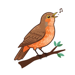 Singing Nightingale bird sitting on tree brunch isolated on white background. Nightingales icons flat or cartoon vector illustration.