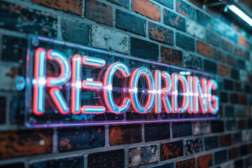Obraz premium Vibrant Neon 'Recording' Sign Against a Grungy Brick Wall in Warm Tones