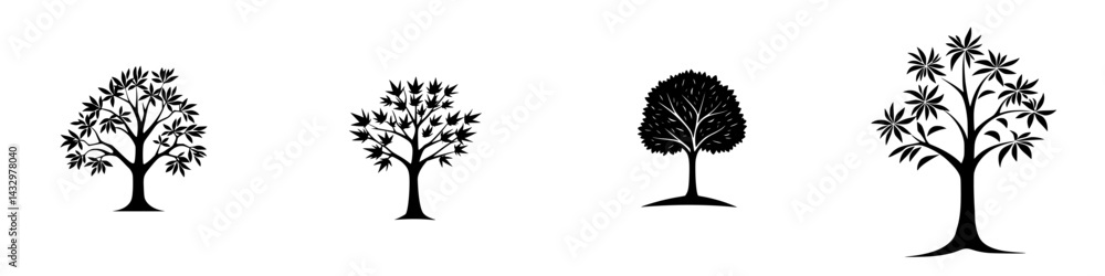 Poster stylized black tree icons showcasing various shapes and sizes for design projects and creative appli