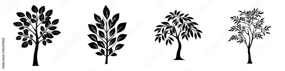 Poster various black icons of trees showcasing different shapes and sizes for design and decoration purpose