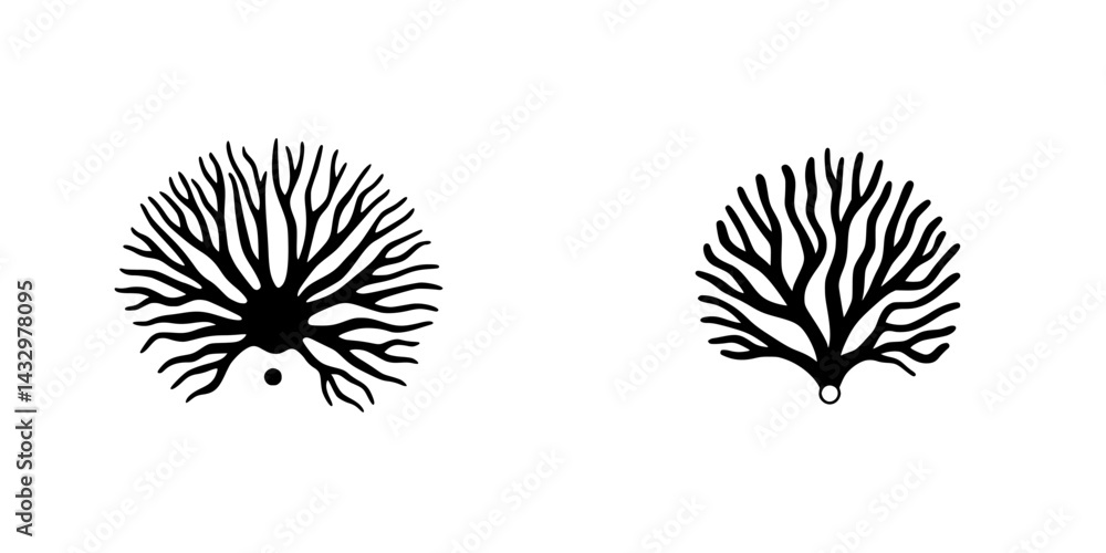 Poster black abstract icons depicting stylized coral-like structures with intricate branching designs in a 
