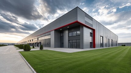 Obraz premium Modern industrial warehouse exterior, large grey facade with red trim, expansive logistics center.