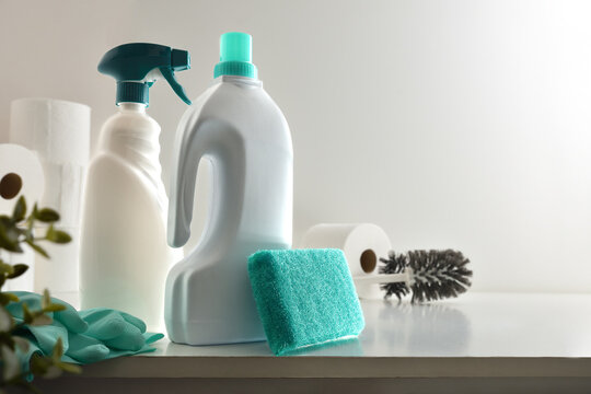 Various bathroom products on white table and isolated background