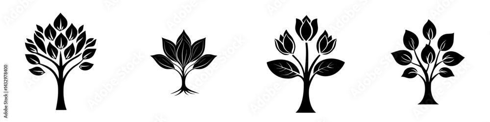 Poster collection of stylized black tree icons suitable for various design projects and nature themes
