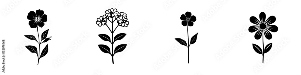 Poster stylized black icons of various flower designs with simple leaf arrangements displaying diverse shap