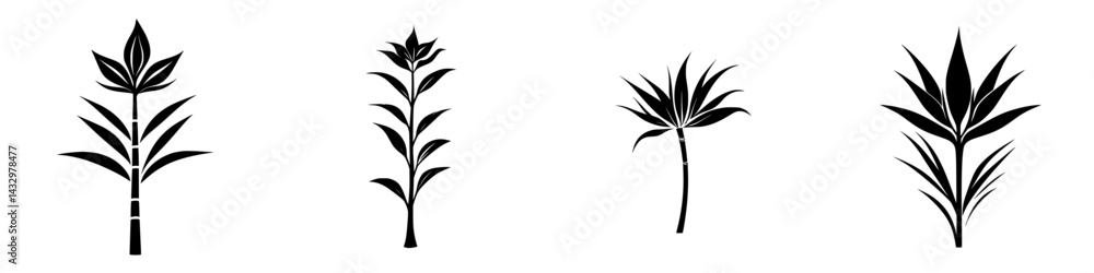 Poster four distinct black flower icons showcasing different shapes and styles in a minimalist design