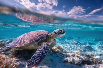 Obraz premium Sea Turtle Underwater Coral Reef Sky