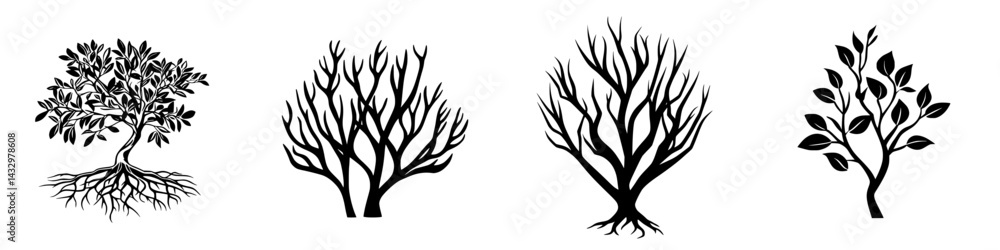 Aufkleber stylized black tree icons representing various stages of growth and forms in a minimalist design sui