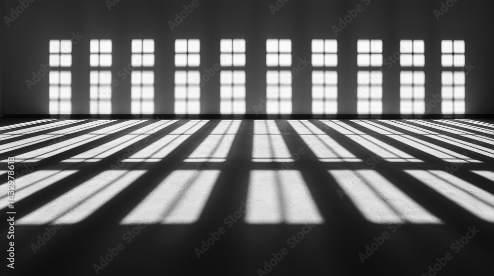 Poster a black and white image of a room with a grid of windows.