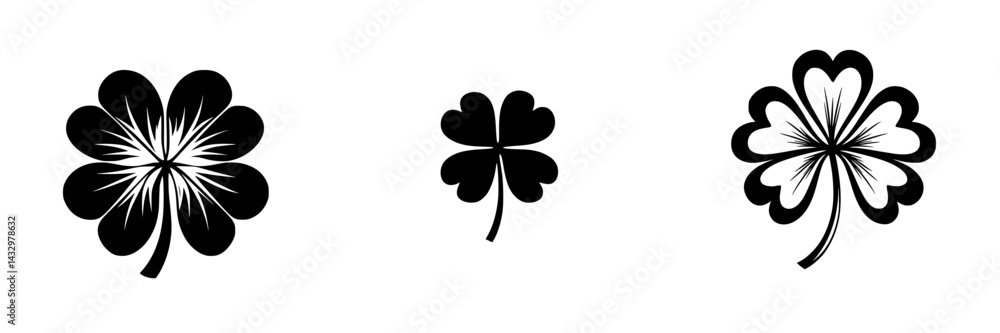 Poster black icons of four-leaf clovers arranged in a row showcasing distinct designs and patterns for vari