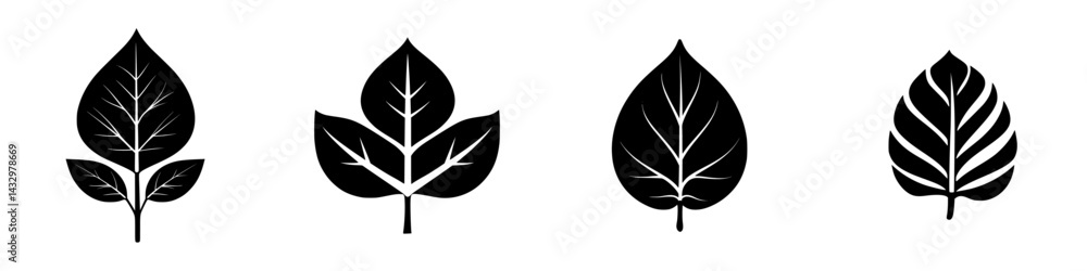 Poster diverse designs of black leaf icons showcasing various shapes and patterns for graphic use in modern