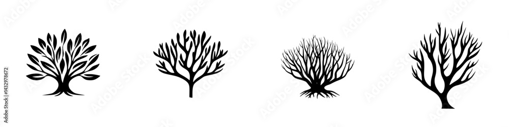 Poster four distinct black tree icons illustrating different varieties and styles suitable for design purpo