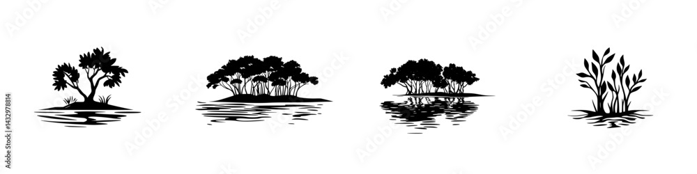 Poster four black icons representing different types of trees and plants in a minimalistic style