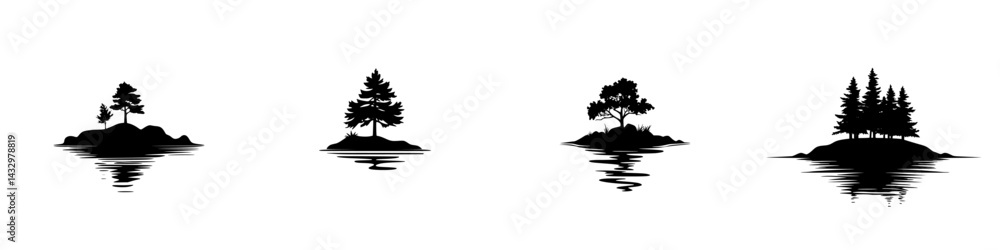 Poster multiple black icons of trees on islands reflected in water showcasing various shapes and sizes