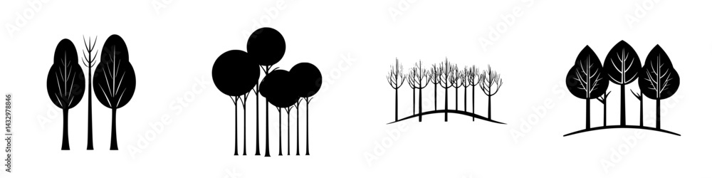 Poster collection of black tree icons showcasing various shapes and styles for design use