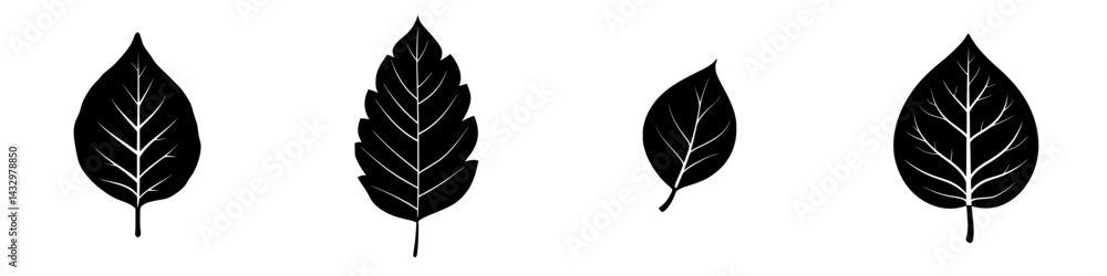 Poster various black leaf icons representing different tree species and their unique shapes for use in digi