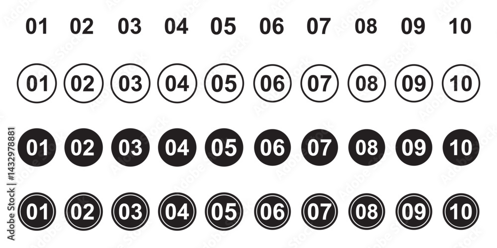 Poster bullet points icon set inline style, simple round numbers in flat style .
