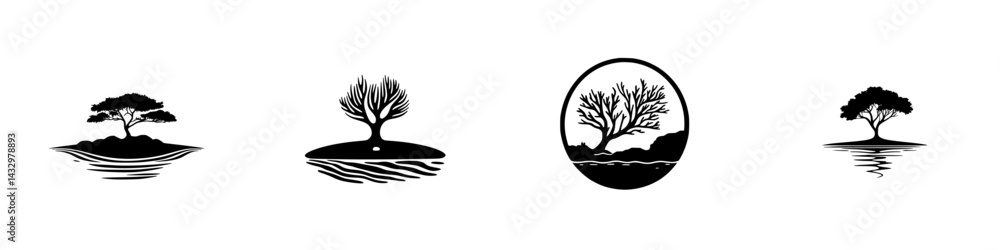 Poster isolated black tree icons representing diverse tree designs in a minimal style