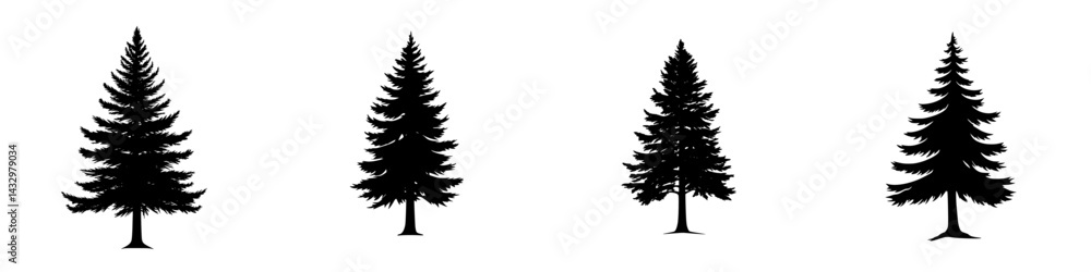 Poster black tree icons representing different styles of coniferous trees suitable for graphic design and d