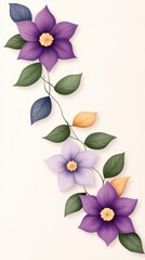Fototapeta premium A delicate watercolor illustration showcases a charming collection of trailing passionflower vines with vibrant purple and lavender blossoms, lush green leaves, and subtle orange