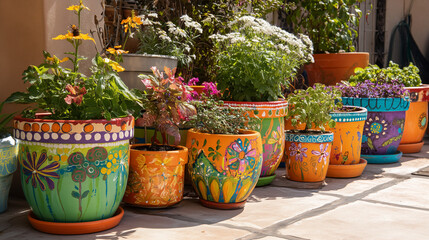 Colorful painted plant pots artistic