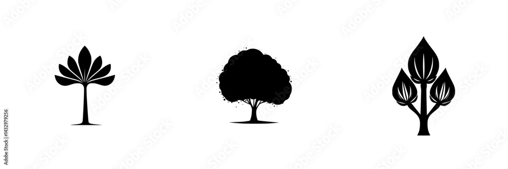 Poster different styles of black tree icons representing nature in a minimalistic design suitable for vario