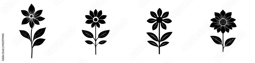Poster black flower icons displaying various styles during a graphic design session for digital art creatio