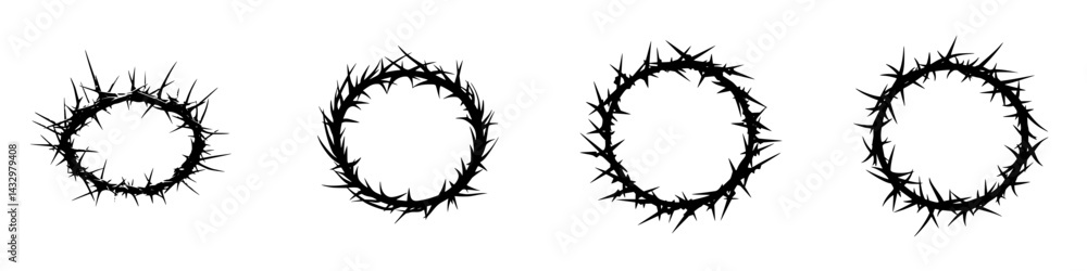 Poster black circular icons featuring thorny crowns in various sizes displayed on a clean white background