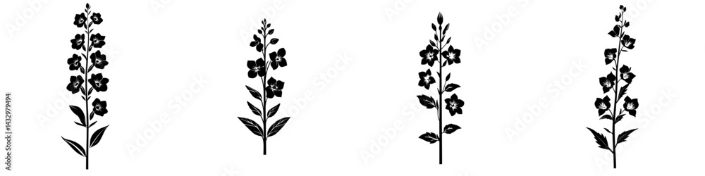 Poster unique black floral icons arranged in a linear pattern showcasing botanical design elements for art 