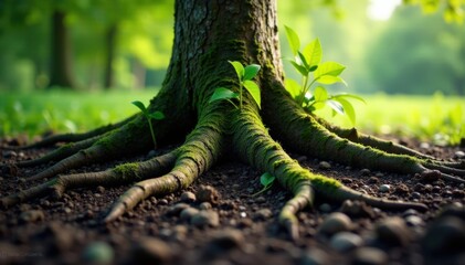 Fototapeta premium intricate tree roots in the ground, tree roots, forest floor, organic